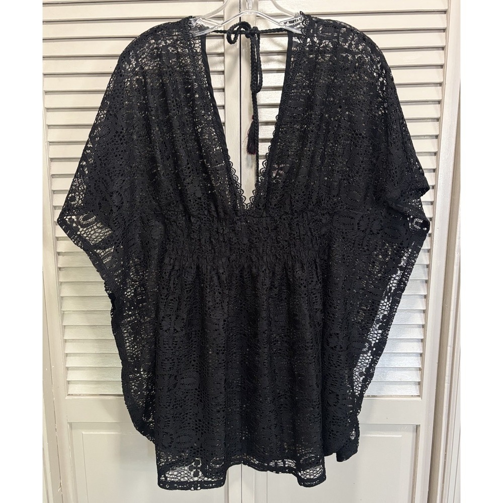 Xhilaration Black Crocheted Lace Swim Cover-up Size M Tie/Tassel Elastic Waist